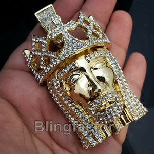 HIP HOP ICED OUT 14K GOLD PLATED BLING LAB DIAMOND LARGE KING JESUS HEAD PENDANT