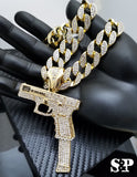 Hip Hop 37 Rip Mary Gun w/ 18" Full Iced Cuban & 1 ROW DIAMOND Choker Chain Necklace Set