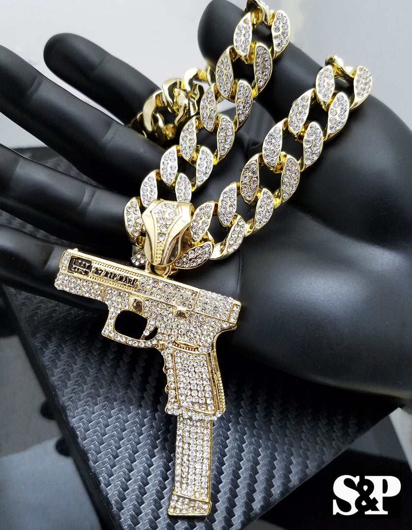 Hip Hop 37 Rip Mary Gun w/ 18" Full Iced Cuban & 1 ROW DIAMOND Choker Chain Necklace Set