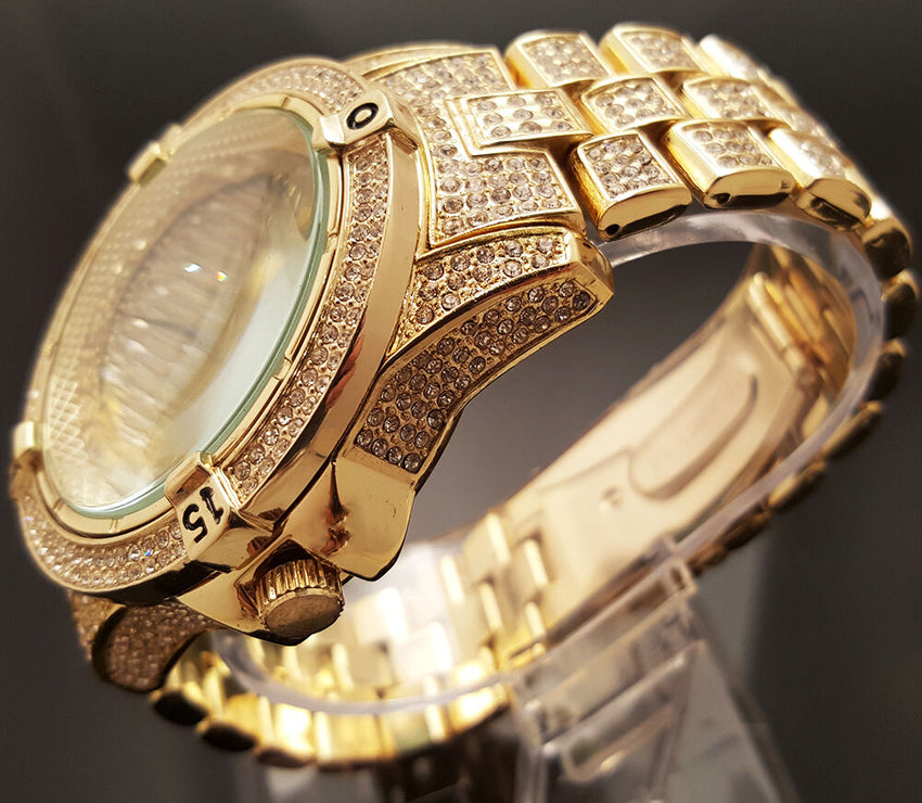 Mens Hip Hop Gold Plated Iced Out Techno Pave Bling Rapper's Metal Band Watch