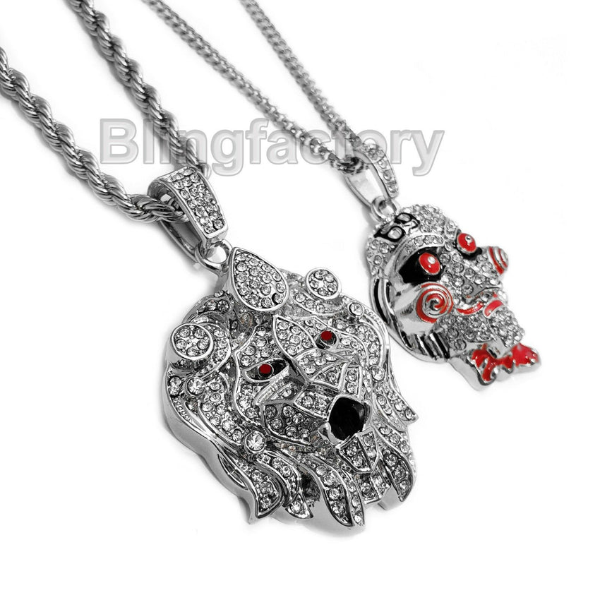 Iced out Saw Inspired & Lion Head Pendant & 24" 30" Rope, Cuban Chain Necklace