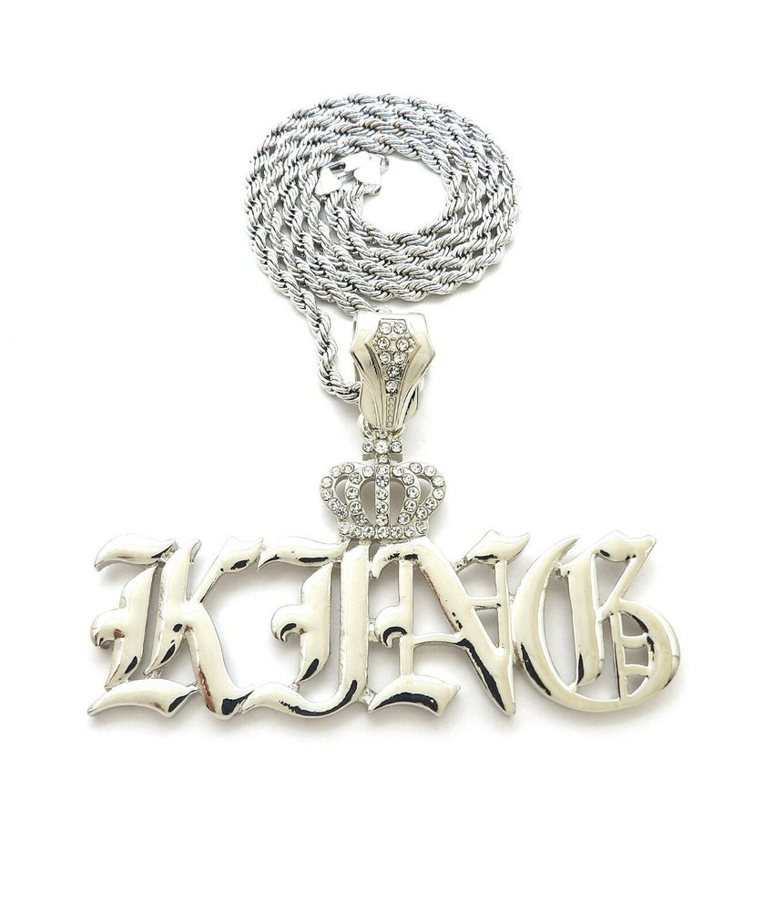HIP HOP ICED OUT SILVER PT CROWNED KING PENDANT & 4mm 24" ROPE CHAIN NECKLACE