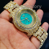 Men Hip Hop Iced out Gold Plated Bling Green Dial Lab Diamond Rapper Metal Watch