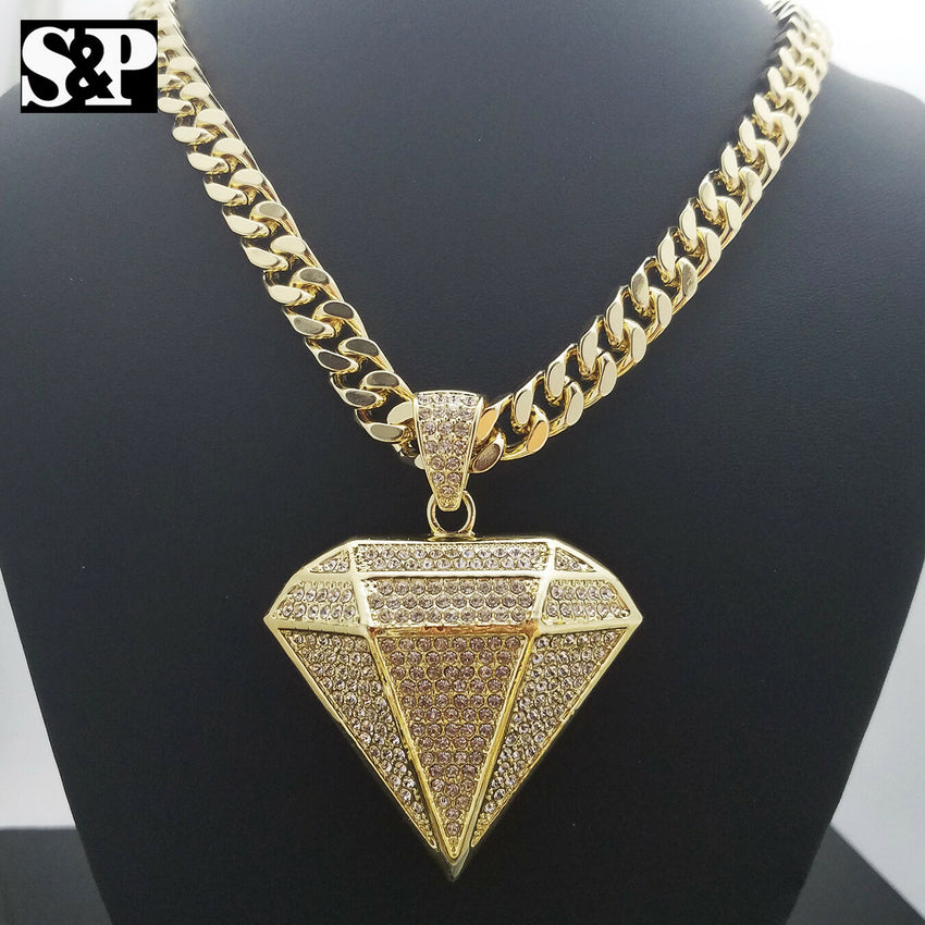 Gold PT Big Diamond Shape Pendant & 10mm 30" Cuban Heavy Chain Hip Hop Necklace