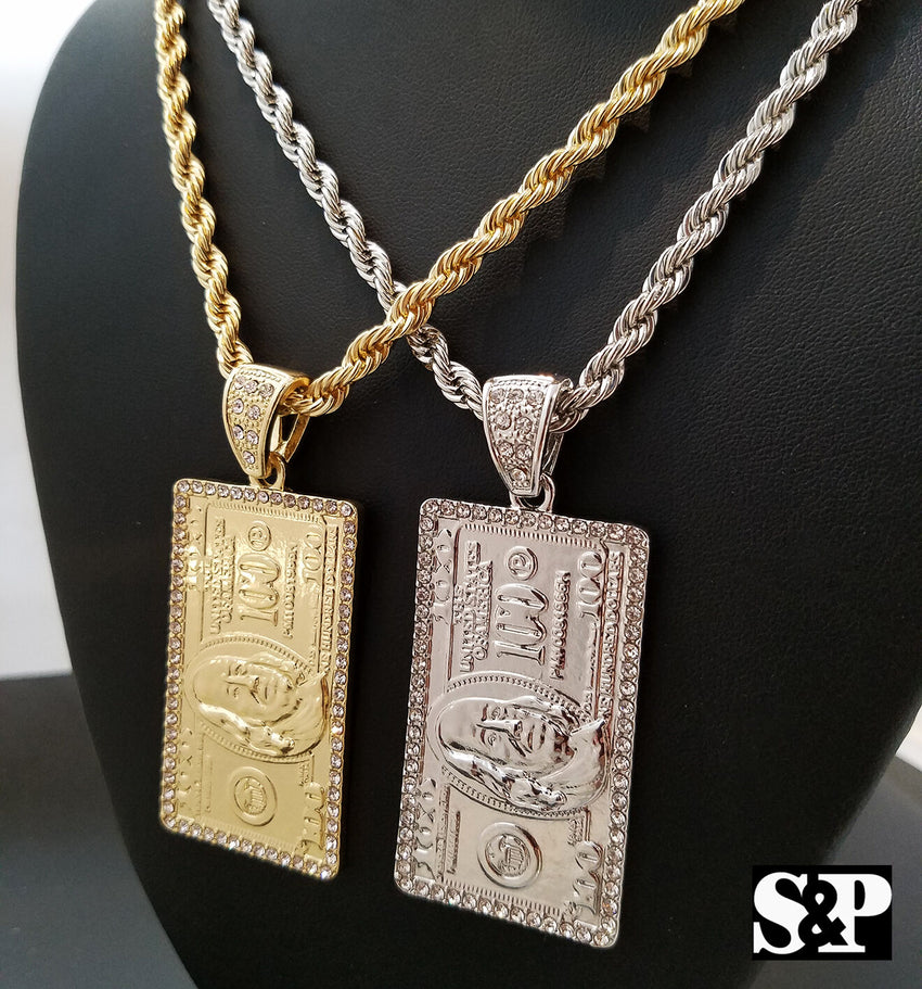 $100 Hundred Dollar Bill Benjamin Money Pendant & 5mm 30" Rope Chain Necklace