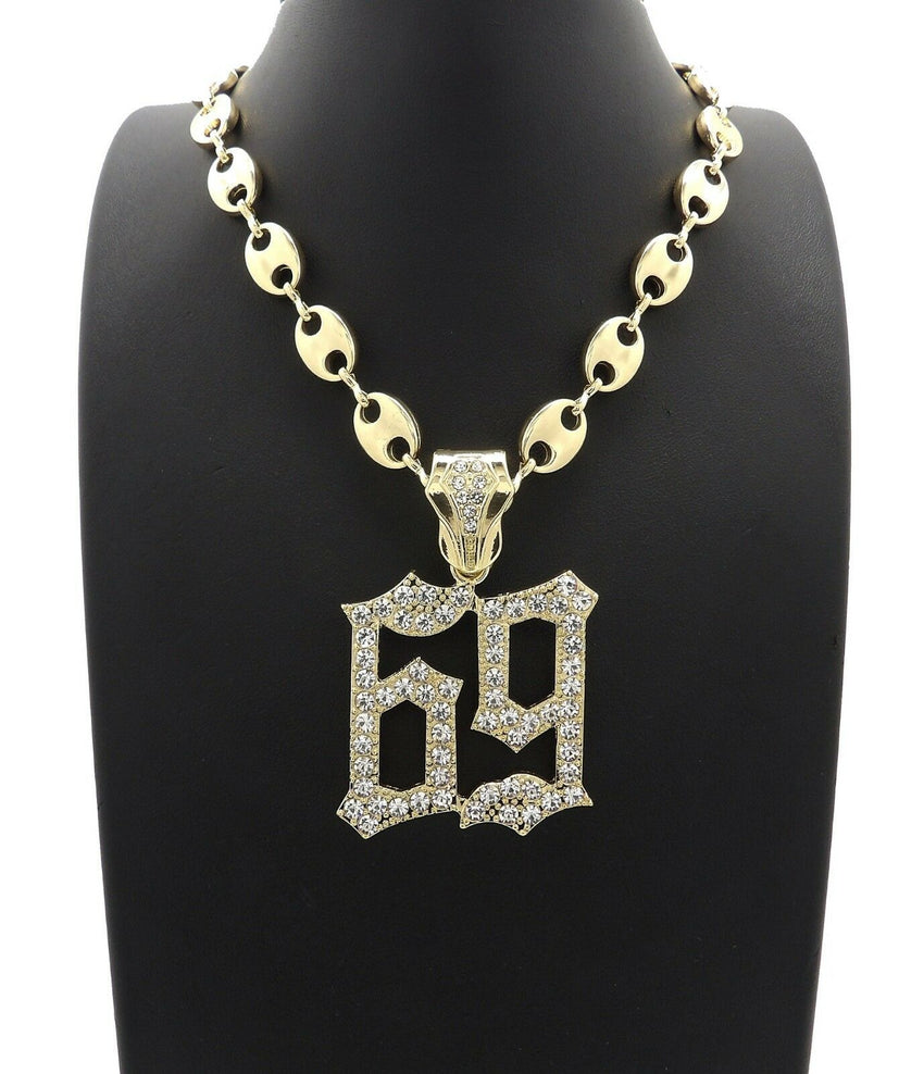 Hip Hop Iced out Tekashi69 69 pendant & 10mm 18" Gucci Choker Chain Necklace