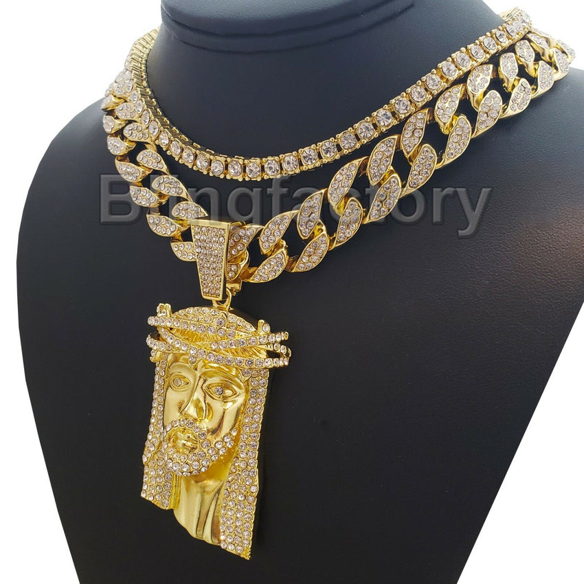 Hip Hop Bling Jesus Head w/ 18" Full Iced Cuban & 1 ROW DIAMOND Choker Chain Necklace Set