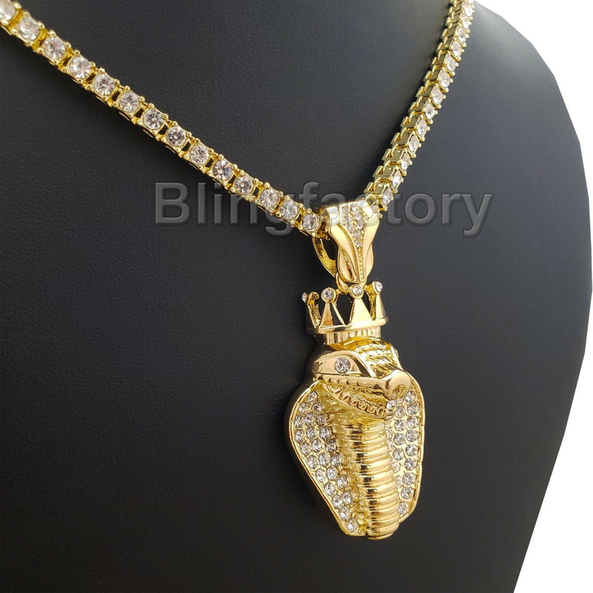 Hip Hop Iced out King Crowned Cobra Pendant & 18" 1 Row Tennis Choker Chain Necklace