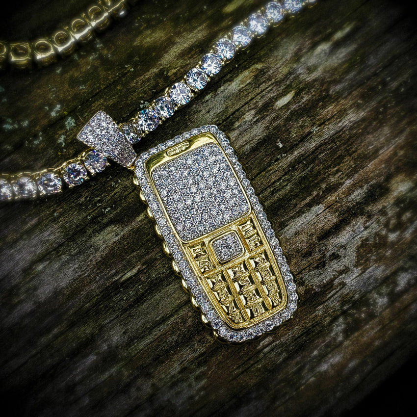 Iced Brass Retro Phone Pendant & 1 Row Lab Diamond Tennis Chain Necklace