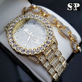 MEN'S ICED OUT HIP HOP GOLD PT WATCH & GUCCI LINK CHAIN BRACELET COMBO SET