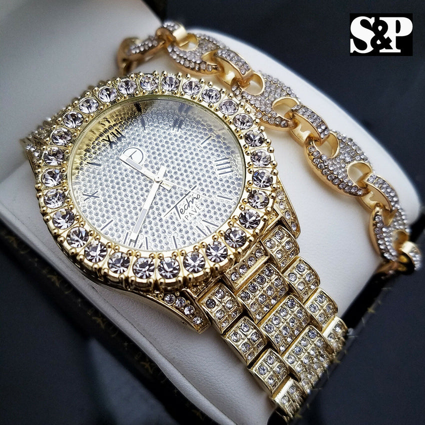MEN'S ICED OUT HIP HOP GOLD PT WATCH & GUCCI LINK CHAIN BRACELET COMBO SET