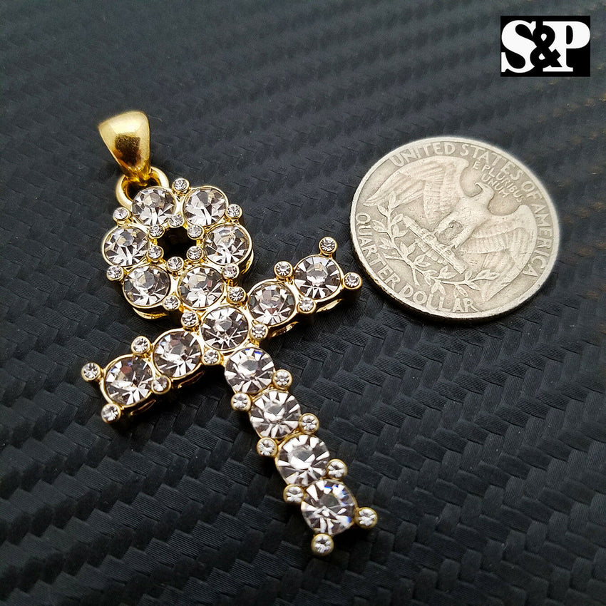 HIP HOP BLING ICED OUT LAB DIAMOND 14K GOLD PLATED ANKH CROSS PENDANT