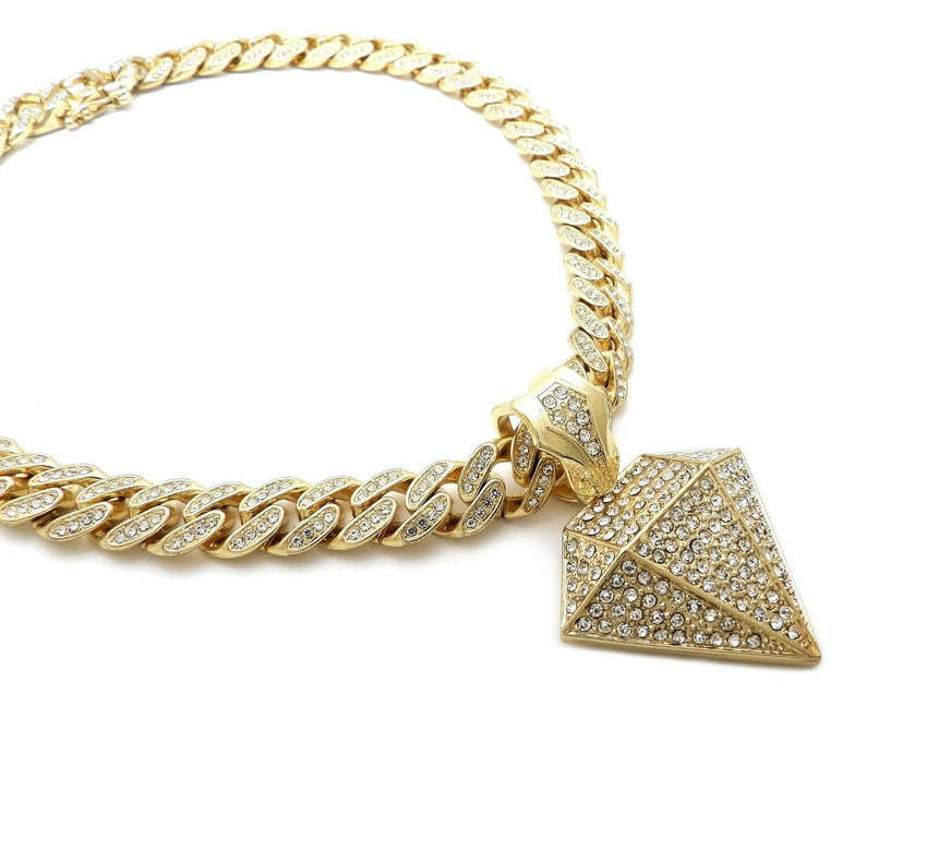 Hip Hop Diamond Shape Pendant 20" Iced out Box Lock Cuban Choker Chain Necklace
