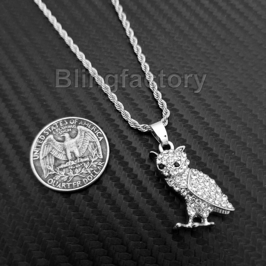 Hip Hop Iced out Mini Owl & Ankh Cross Pendant & 3mm 24" Rope Chain Necklace Set