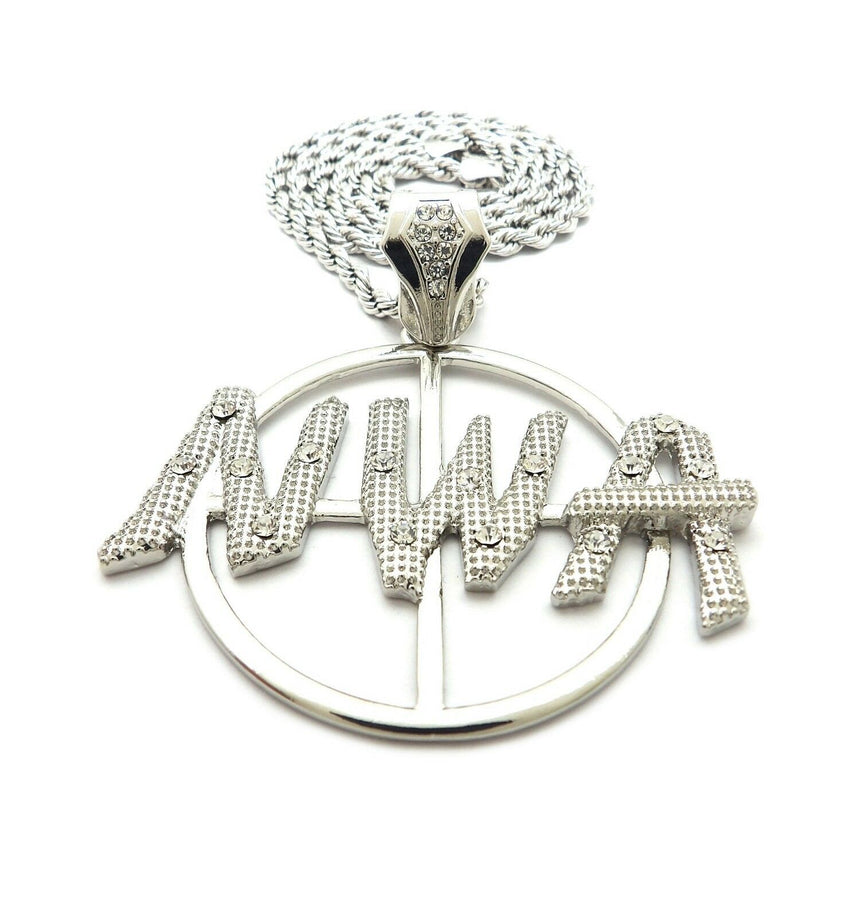 HIP HOP ICED OUT WHITE GOLD PLATED NWA PENDANT & 4mm 24" ROPE CHAIN NECKLACE