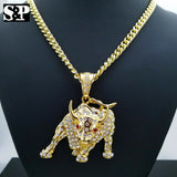 Iced Out Gold Plated Big Bulls Pendant & 6mm 30" Cuban Chain Hip Hop Necklace
