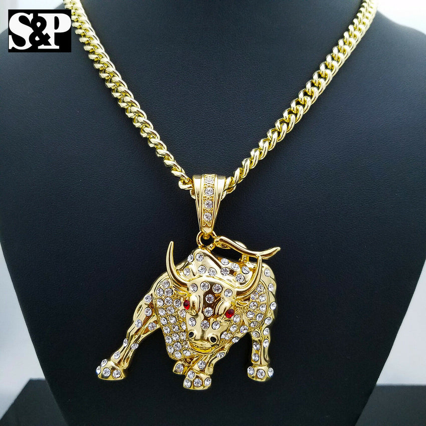 Iced Out Gold Plated Big Bulls Pendant & 6mm 30" Cuban Chain Hip Hop Necklace