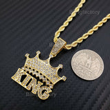 Hip Hop Iced Lab Diamond CROWNED KING Pendant & 4mm 24" Rope Chain Necklace