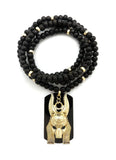 Hip Hop Egyptian Gold Anubis & Dog Tag Pendant & 6mm 30" Wooden Bead Necklace