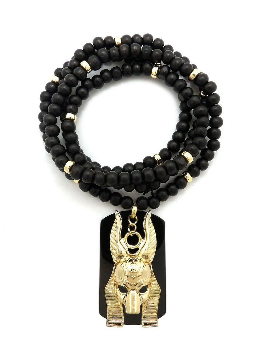 Hip Hop Egyptian Gold Anubis & Dog Tag Pendant & 6mm 30" Wooden Bead Necklace