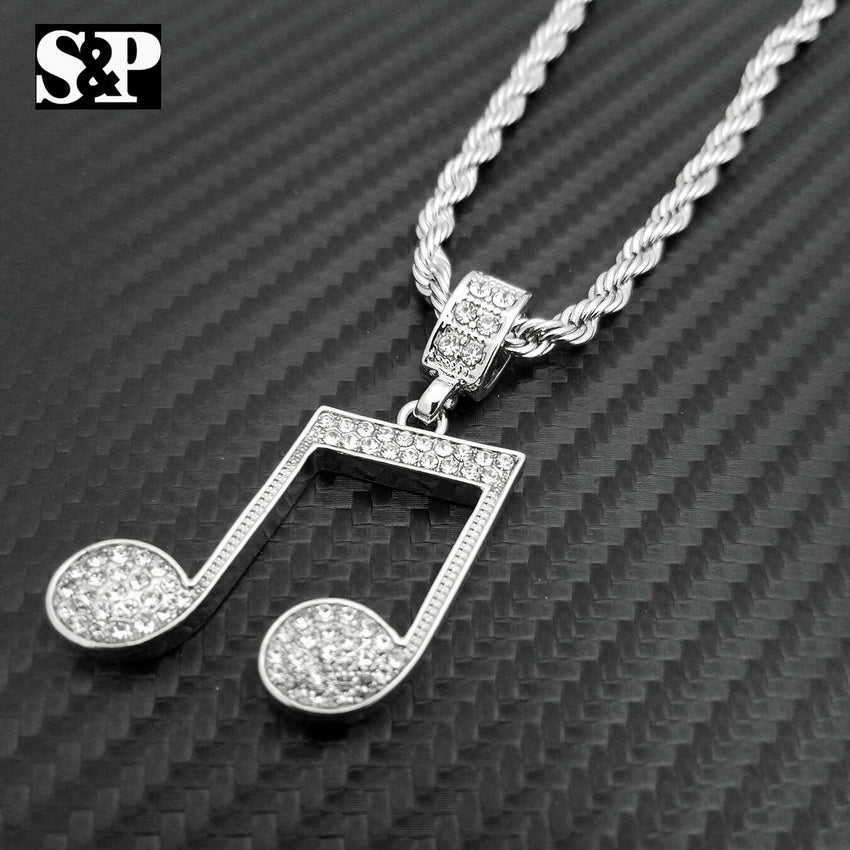 Unisex Iced out Fashion Music Note Pendant & 24" Rope Chain Necklace