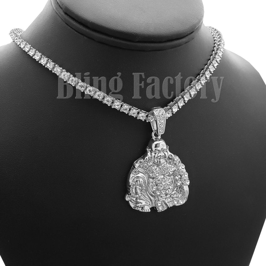 Hip Hop Happy Buddha Pendant & 18" Iced 1 Row Tennis Choker Chain Necklace