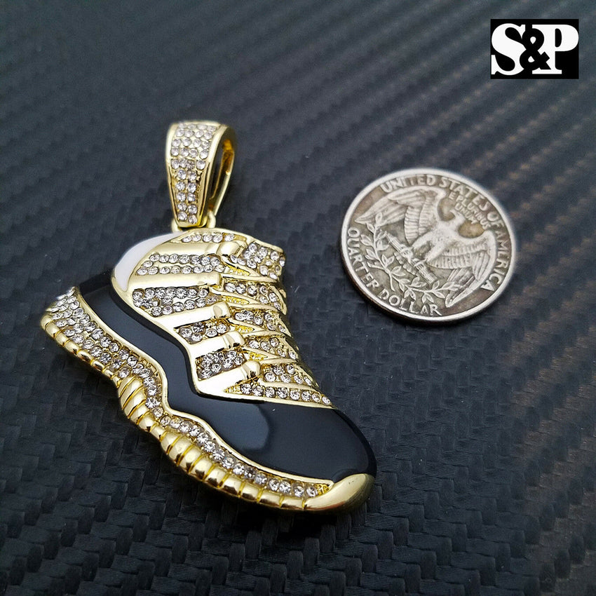 Men's Iced out 14K Gold Plated Hip Hop Lab Diamonds Black Retro 11 Shoe Pendant