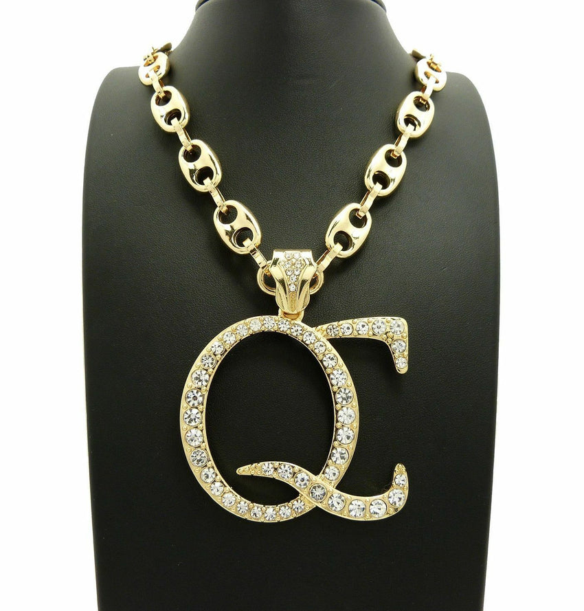 New Iced Out Gold plated 'QC' Pendant & 12mm 30" Marina Chain Hip Hop Necklace