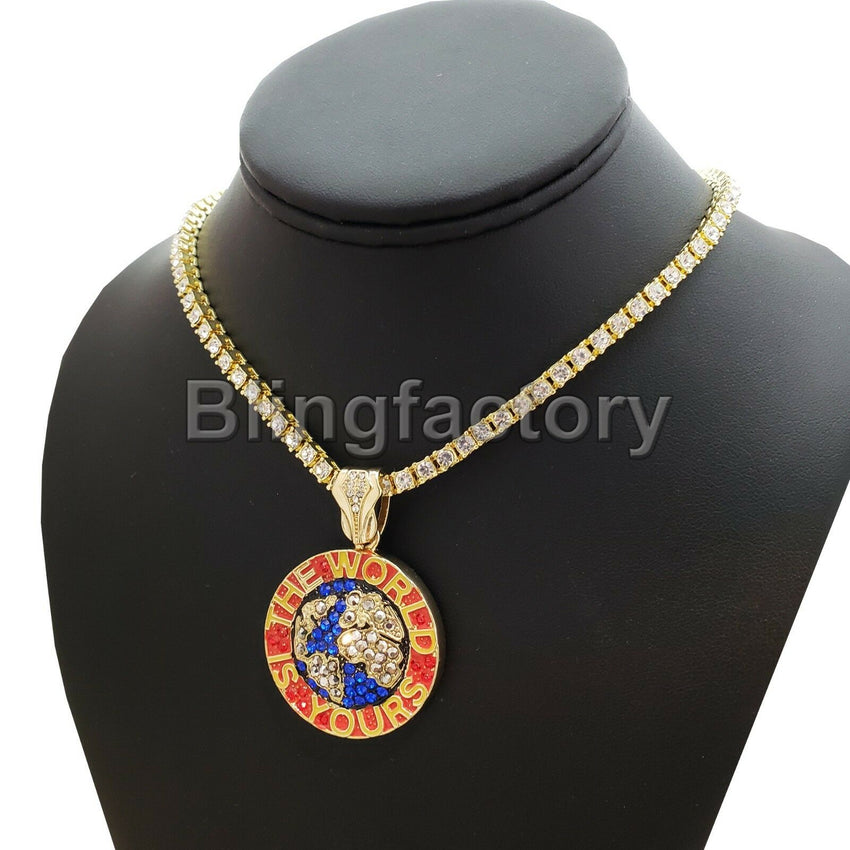 Hip Hop Iced The World is Yours Pendant & 18" 1 Row Tennis Choker Chain Necklace
