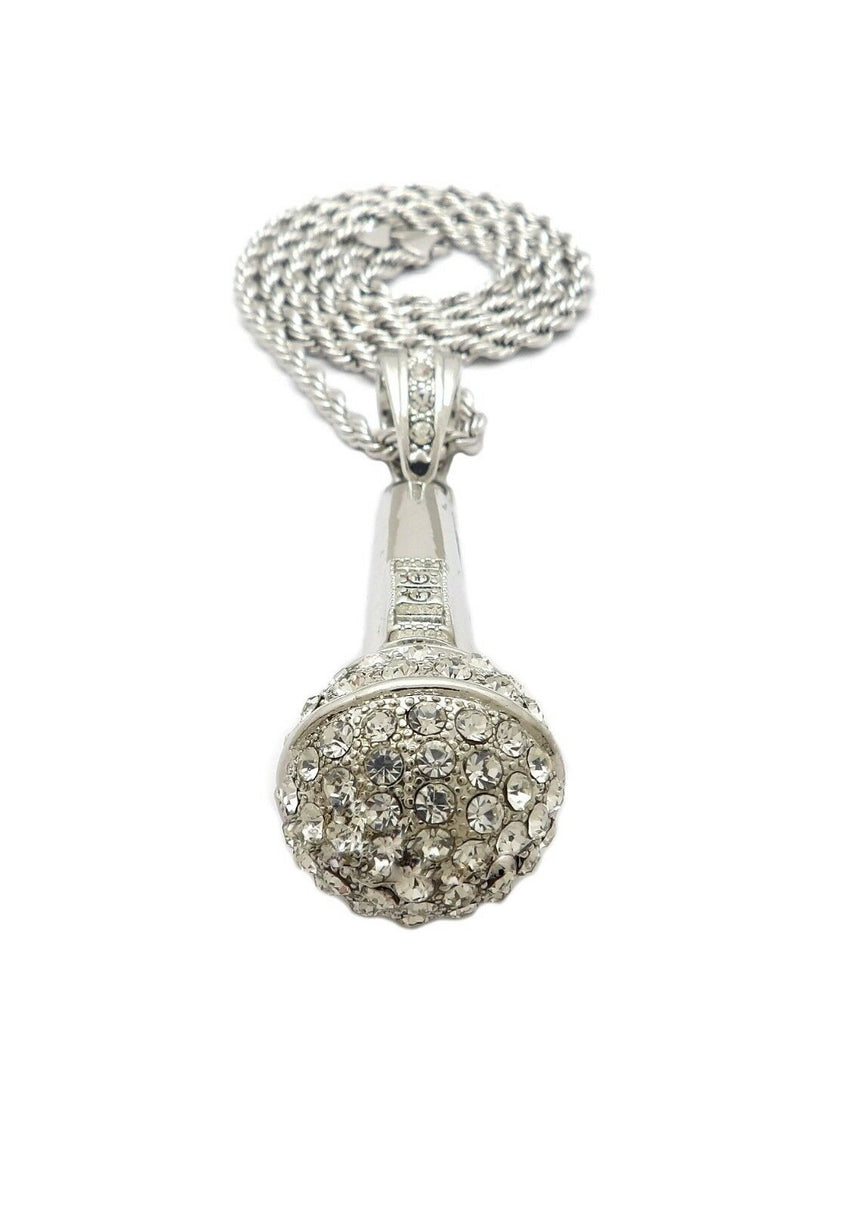 HIP HOP ICED OUT SILVER PLATED MICRO PHONE PENDANT & 4mm 24" ROPE CHAIN NECKLACE