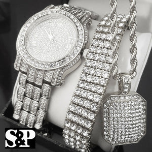 Men Hip Hop Iced White Gold PT Lab Diamond WATCH & BRACELET & NECKLACE Set