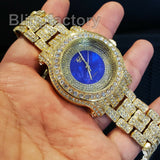 Men Hip Hop Iced Gold Plated Bling Blue Dial Lab Diamond Rapper Metal Watch