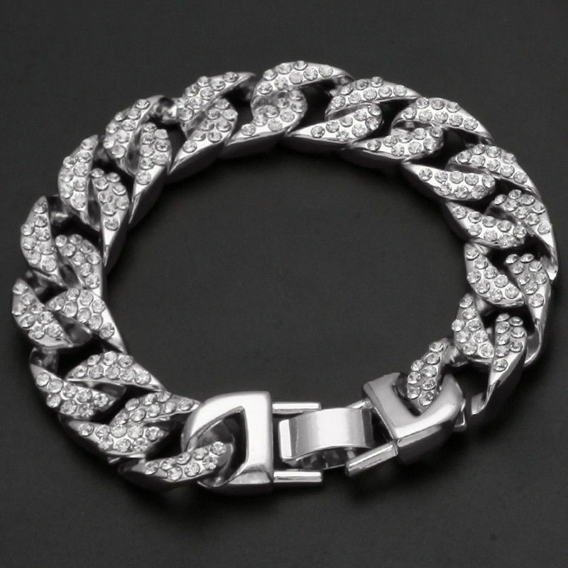 Men's Fully Iced Out Miami Cuban Bracelet White Gold Plated Mens Hip Hop 13mm 8"