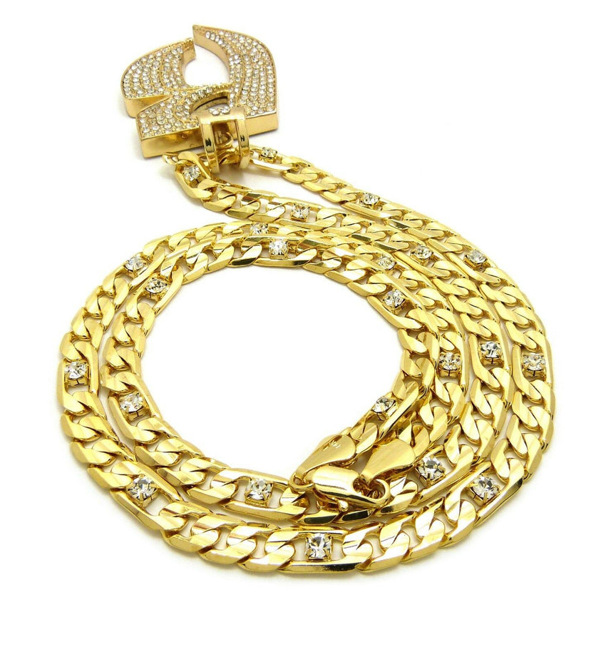 Iced Out Hip Hop RUFF RIDERS R Pendant & 7mm 30" Lab Diamonds Figaro Chain Necklace