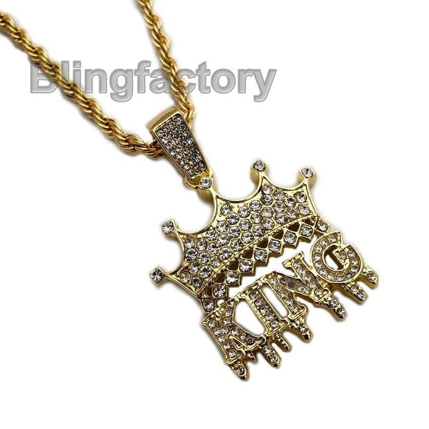 Hip Hop Iced out Lab Diamond Crowned KING Drip Pendant & 24" Rope Chain Necklace