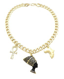 NEFERTITI, ANKH, AFRICA, GYE NYAME & 11mm 18" Cuban Link Choker Chain Necklace
