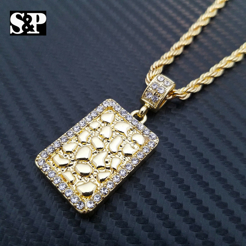 Iced Out Gold PT Golden Nugget Bar Pendant & 24" Rope Chain Hip Hop Necklace