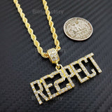Hip Hop Iced out Rapper's "RESPECT" Pendant & 4mm 24" Rope Chain Necklace