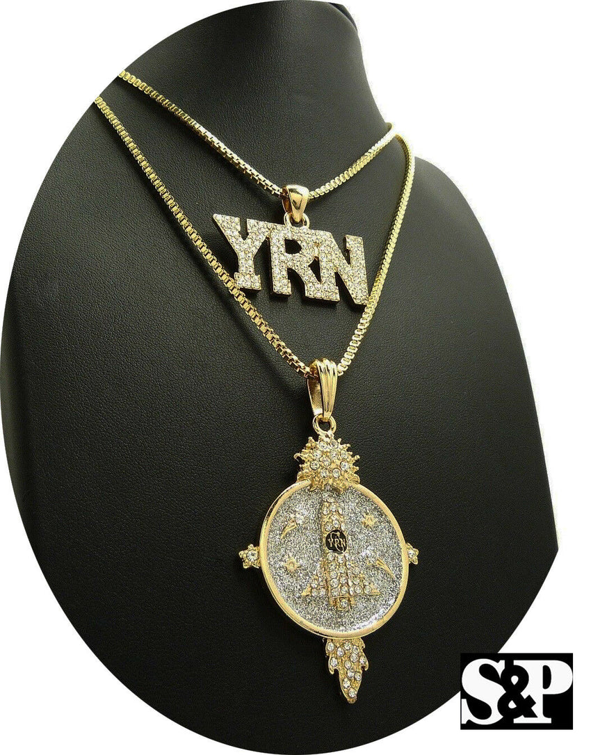 Hip Hop Iced Out Migos YRN Rocket Pendant & 24", 30" Box Chain 2 Necklace Set