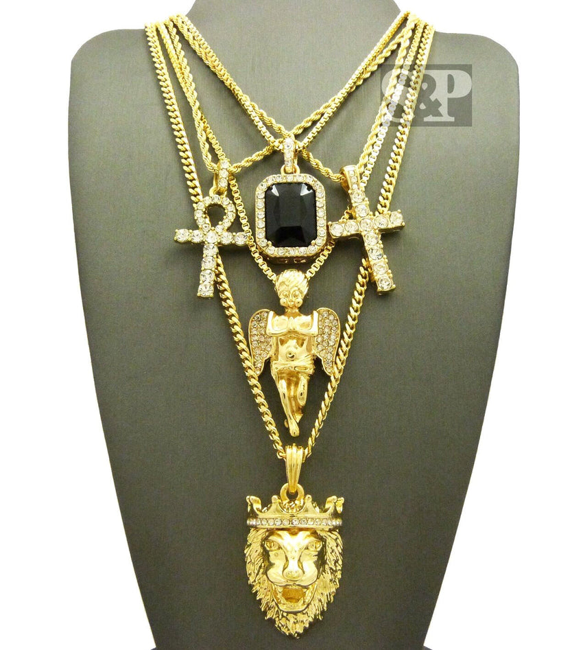 New Hip Hop Iced Out Ankh, Cross, Onyx, Angel, Lion Head Pendant 5 Necklace Set