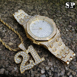 Men's Hip Hop Iced Out Bling Lab Diamond Watch & Savage 21 Necklace combo Set