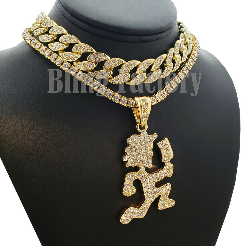 Hatchet Man Runner Pendant & 18" Full Iced Cuban & 1 Row Tennis Choker Chain Necklace Set