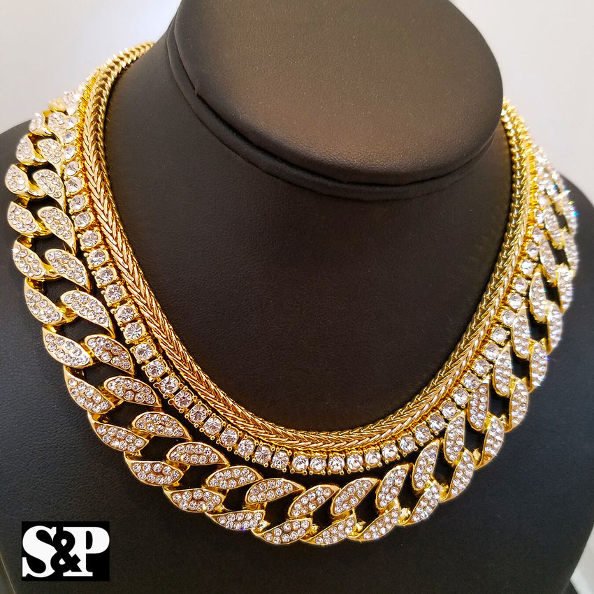 Hip Hop Quavo Choker 18" Franco & 16" Full Iced Cuban & 1 ROW DIAMOND CHAIN SET