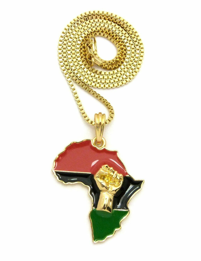 Fist Power in Africa Map Pendant w/ 24" Box, Cuban, Rope Chain Hip Hop Necklace