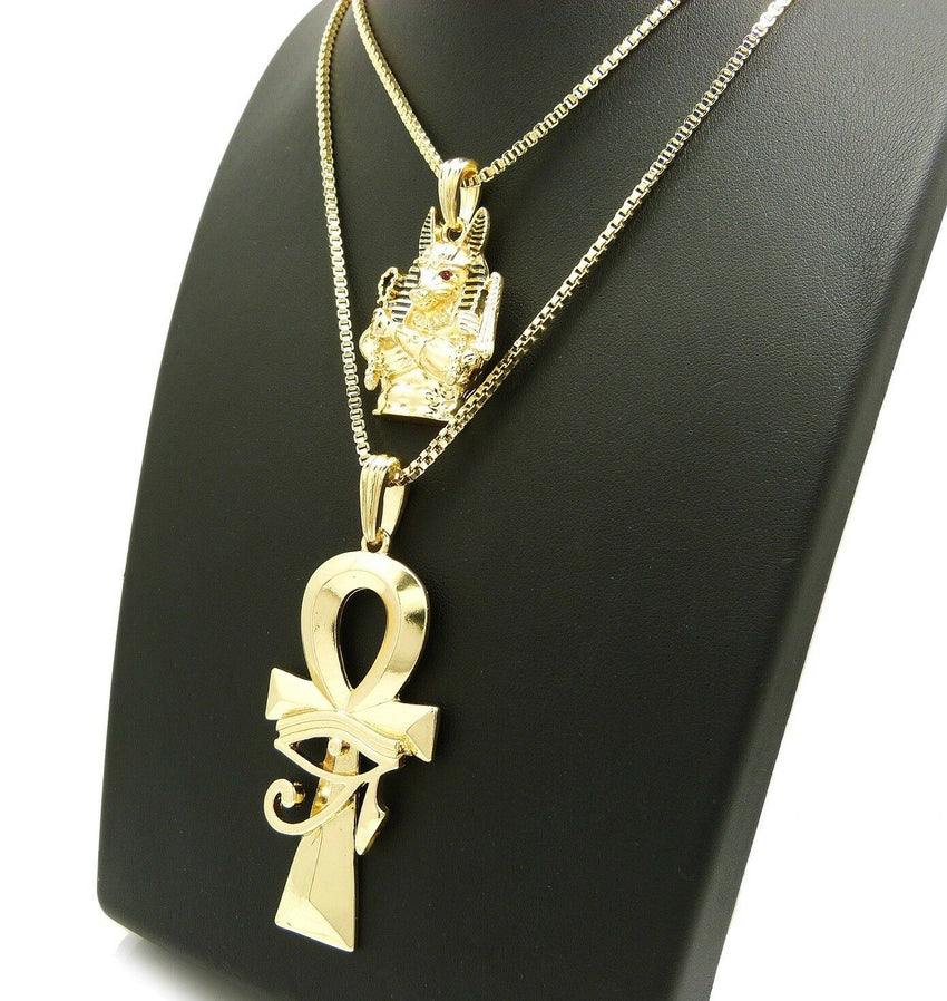 HIP HOP ANUBIS & ANKH CROSS PENDANT & 24", 30" BOX CHAINS HIP HOP NECKLACE SET