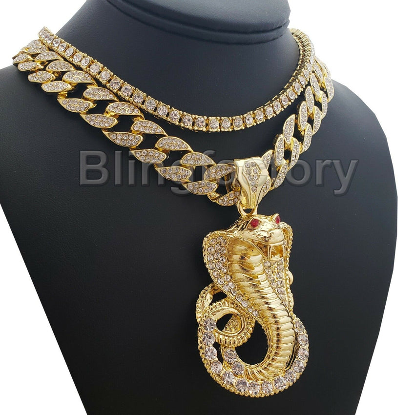 Hip Hop Iced Cobra Snake w/ 18" Full Iced Cuban & 1 ROW DIAMOND Choker Chain Necklace Set
