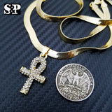 Unisex Hip Hop Iced Out Ankh Pendant w/ 5mm 20" Herringbone Chain Necklace