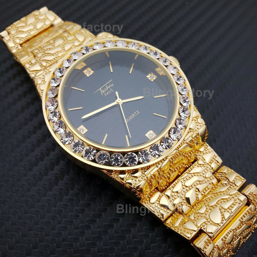 ICED OUT HIP HOP GOLD PT URBAN STYLE GOLDEN NUGGET WATCH & NECKLACE COMBO SET