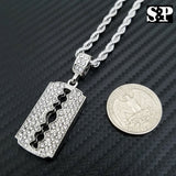 Fashion Iced Barber Shop Razor Blade Pendant w/ 4mm 24" Rope Chain Necklace