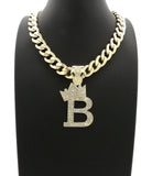Hip Hop Crowned Alphabet Initial Pendant & 11mm 18" Cuban Choker Chain Necklace